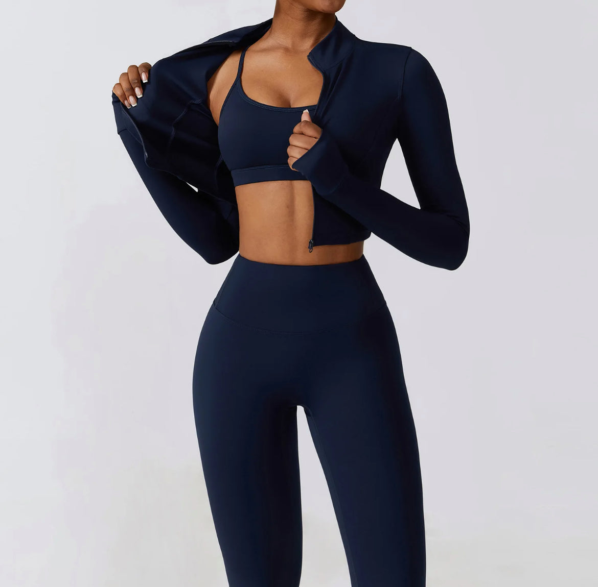 Women's Yoga Set – Long Sleeve Zipper Jacket, Strappy Bra, V-Back Leggings | Fitness Activewear